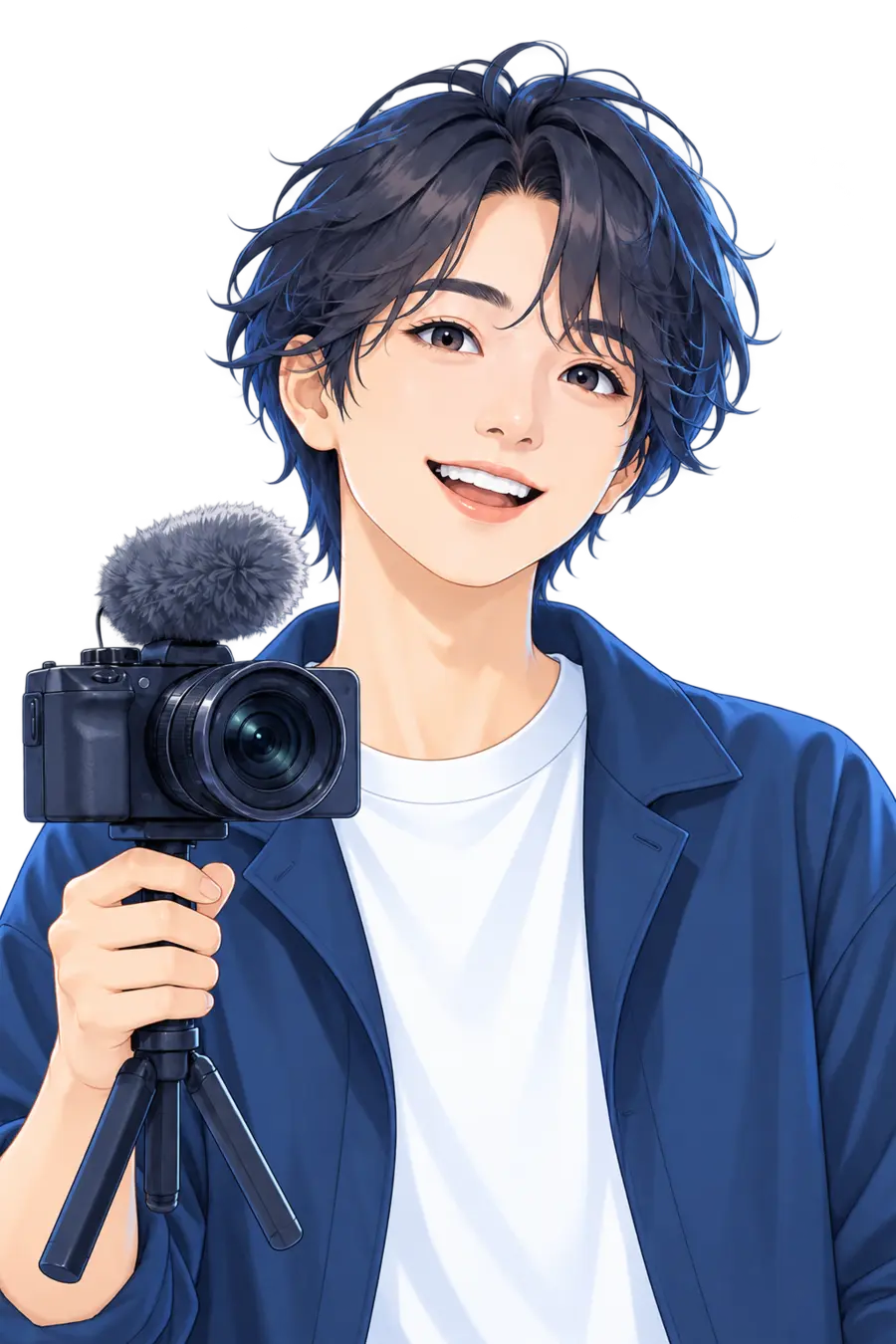 カメラとノートPCを使う20代動画クリエイターのイラスト